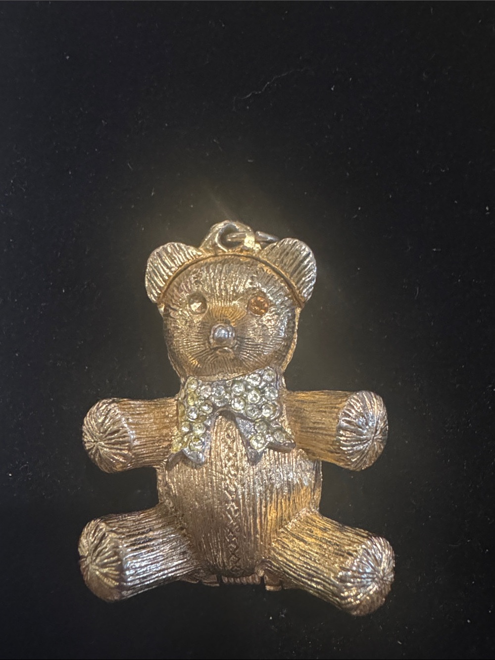 Vintage Gold Tone Teddy Bear Solid Perfume Pendant Rhinestone Bow
